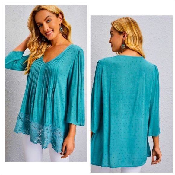 NWT! SWISS DOT LACE TRIM SOLID BLOUSE IN CADET BLUE! - Picture 5 of 12